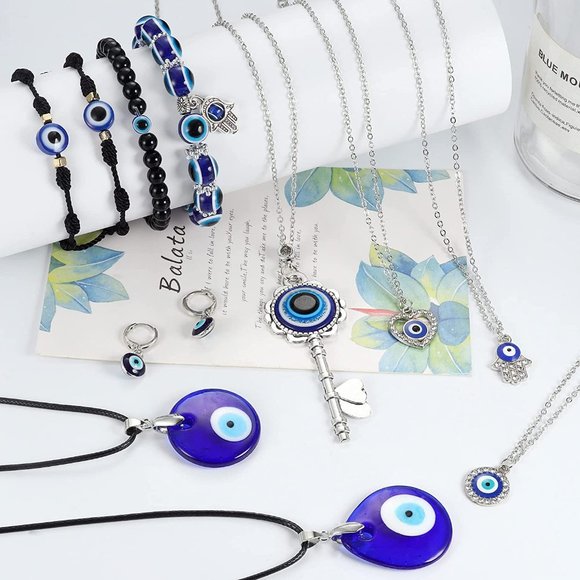 New 11Pcs Evil Eye Necklace Pendant for Women Men Leather Rope Evil Eye Earrings - Picture 3 of 4